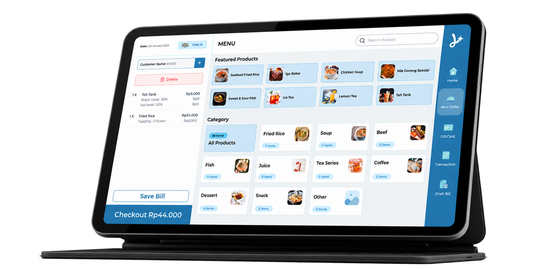 Aplikasi kasir Lysara pada tablet untuk menerima pesanan dan memproses transaksi.
