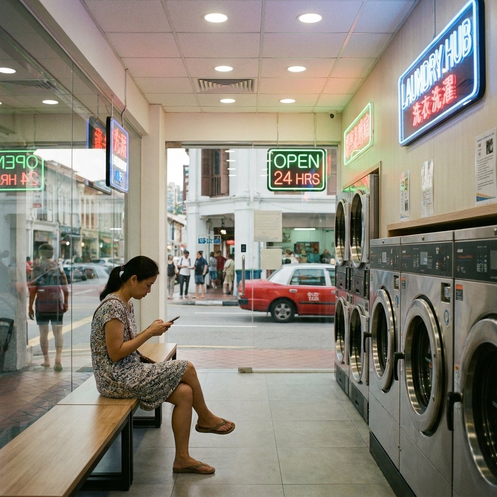 Pelanggan memeriksa ponsel di laundromat.