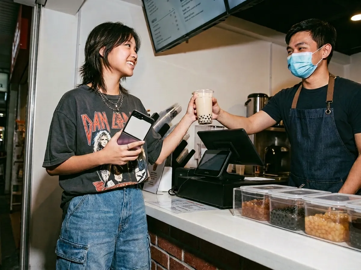 Pelanggan menerima bubble tea dari staf.