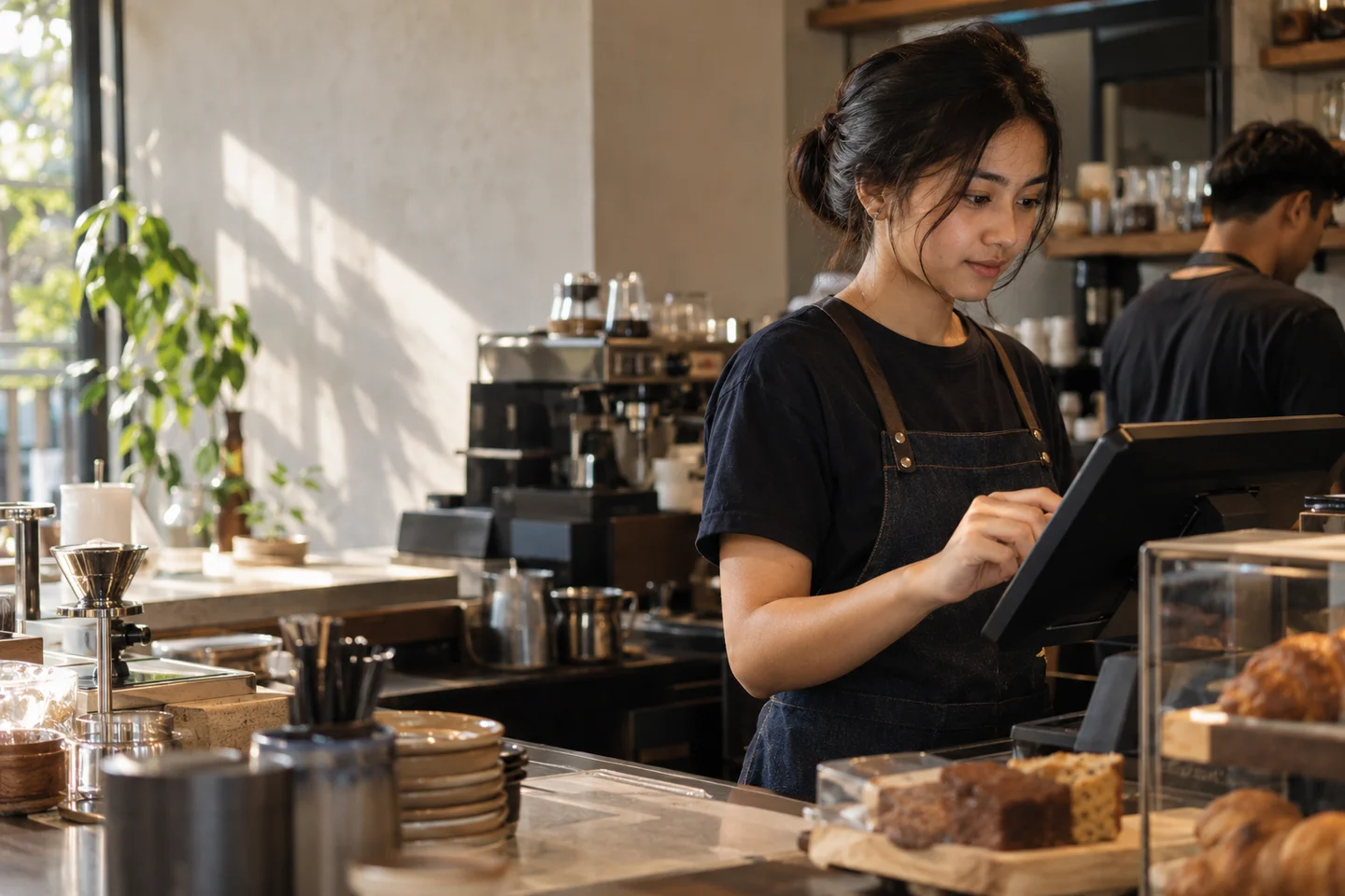 Barista menggunakan perangkat kasir.