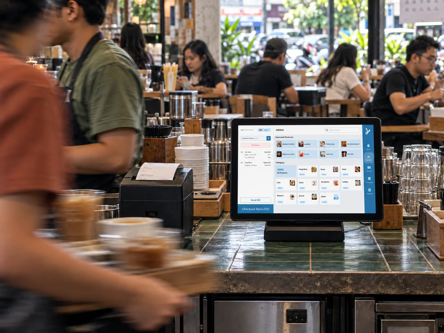 Aplikasi kasir Lysara di meja pelayanan coffee shop yang ramai