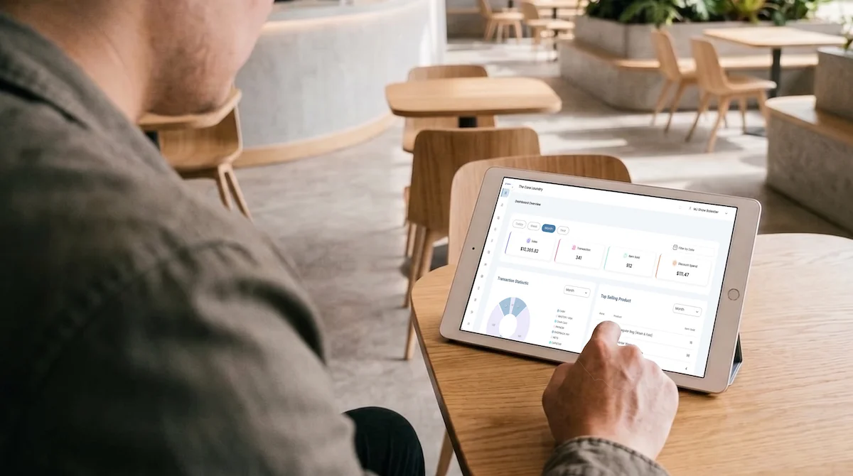Pemilik usaha melihat laporan penjualan Lysara di tablet.